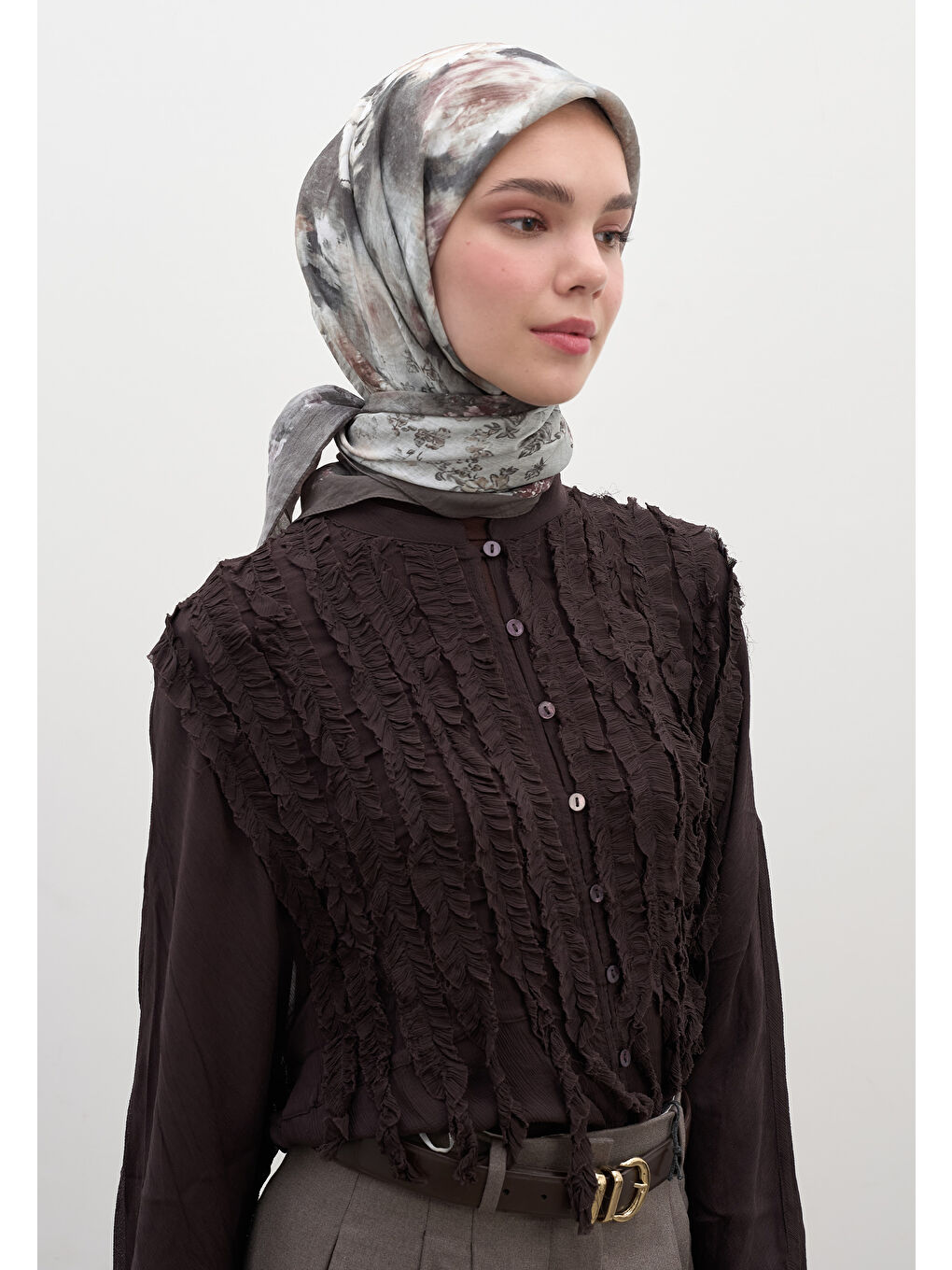 Gri Vıntage Rose Desen Pamuklu Viskon Eşarp Füme