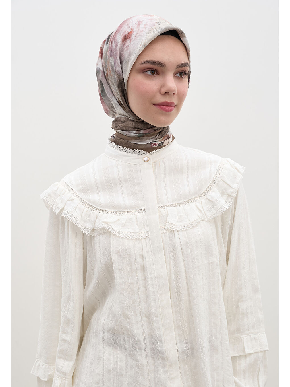 Bej Vıntage Rose Desen Pamuklu Viskon Eşarp Vizon-2