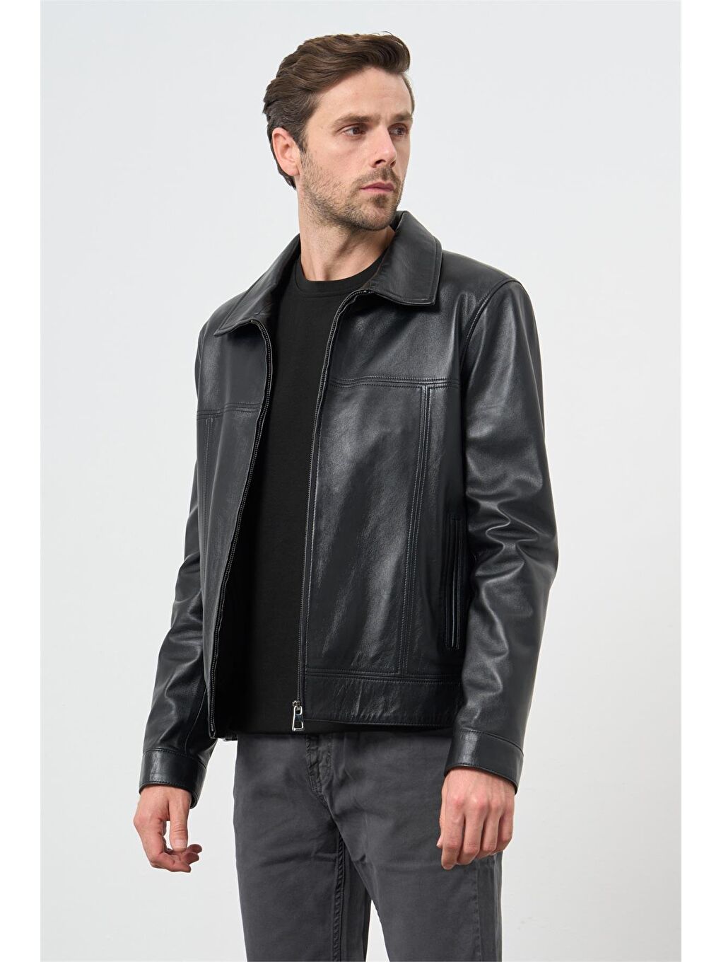 Siyah Hakiki Deri Polo Yaka Astarlı Slim Fit Dar Kesim Casual Deri Mont 1038235154