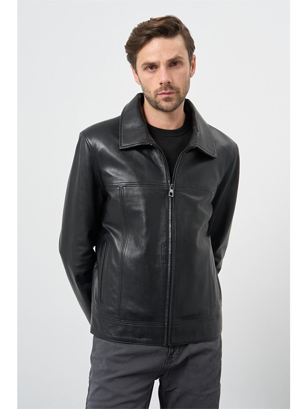 Siyah Hakiki Deri Polo Yaka Astarlı Slim Fit Dar Kesim Casual Deri Mont 1038235154-1