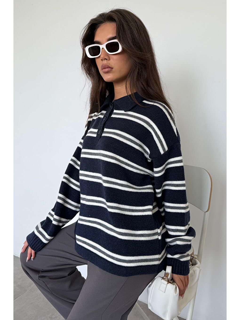 Lacivert Polo Yaka Çizgili Kadın Triko Kazak Mg2469-1