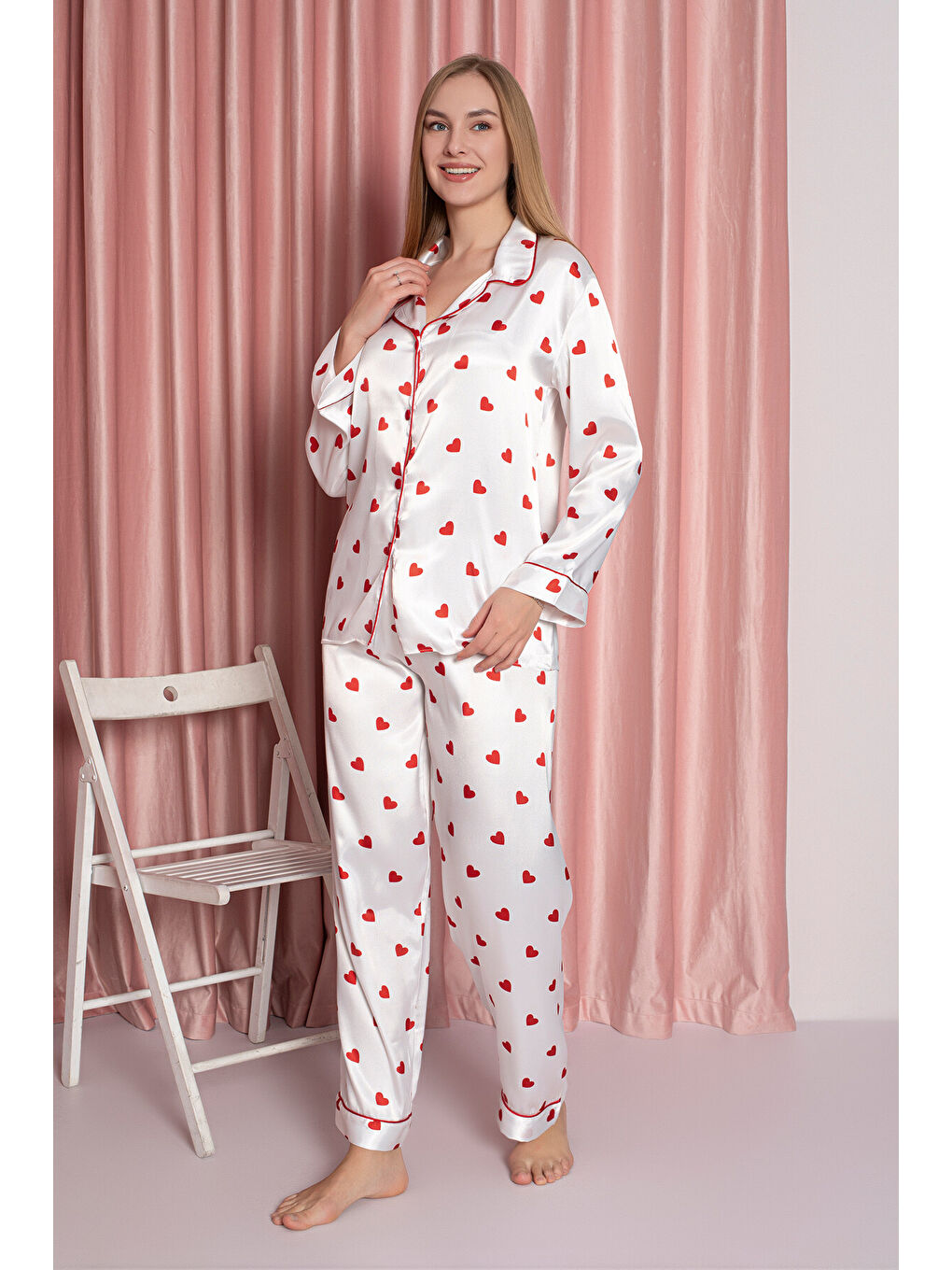 Ekru Krem Saten Pijama Takımı-1