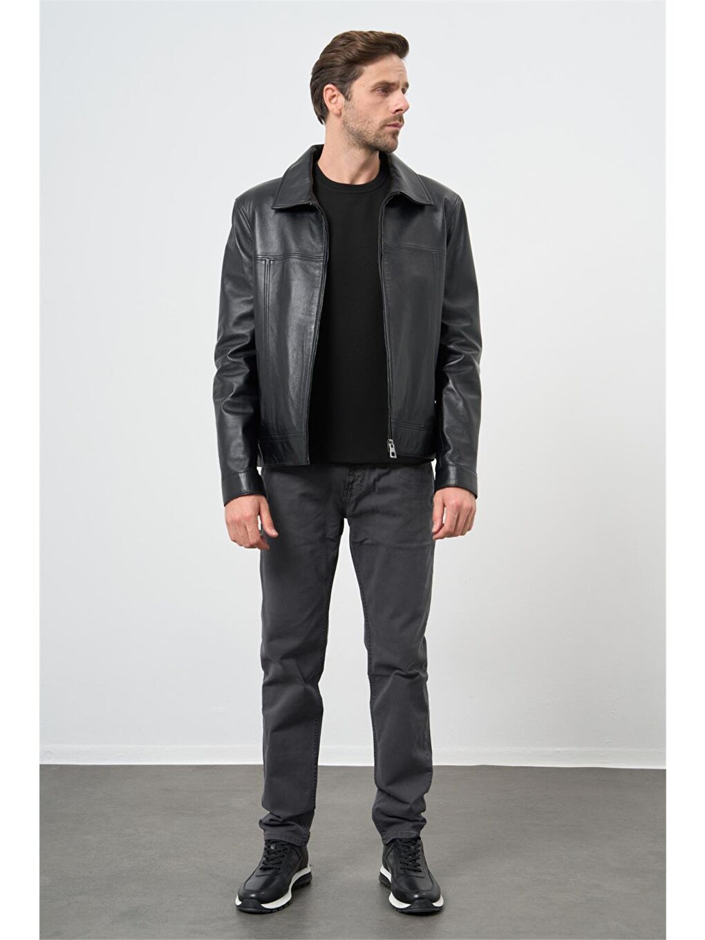 Siyah Hakiki Deri Polo Yaka Astarlı Slim Fit Dar Kesim Casual Deri Mont 1038235154-2