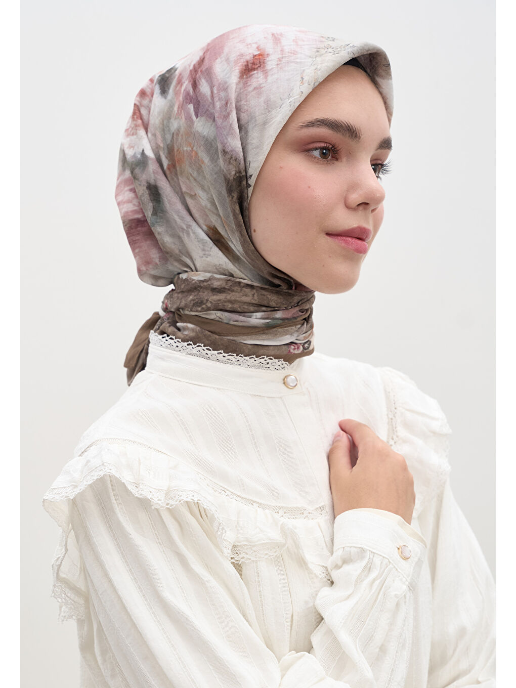 Bej Vıntage Rose Desen Pamuklu Viskon Eşarp Vizon-3