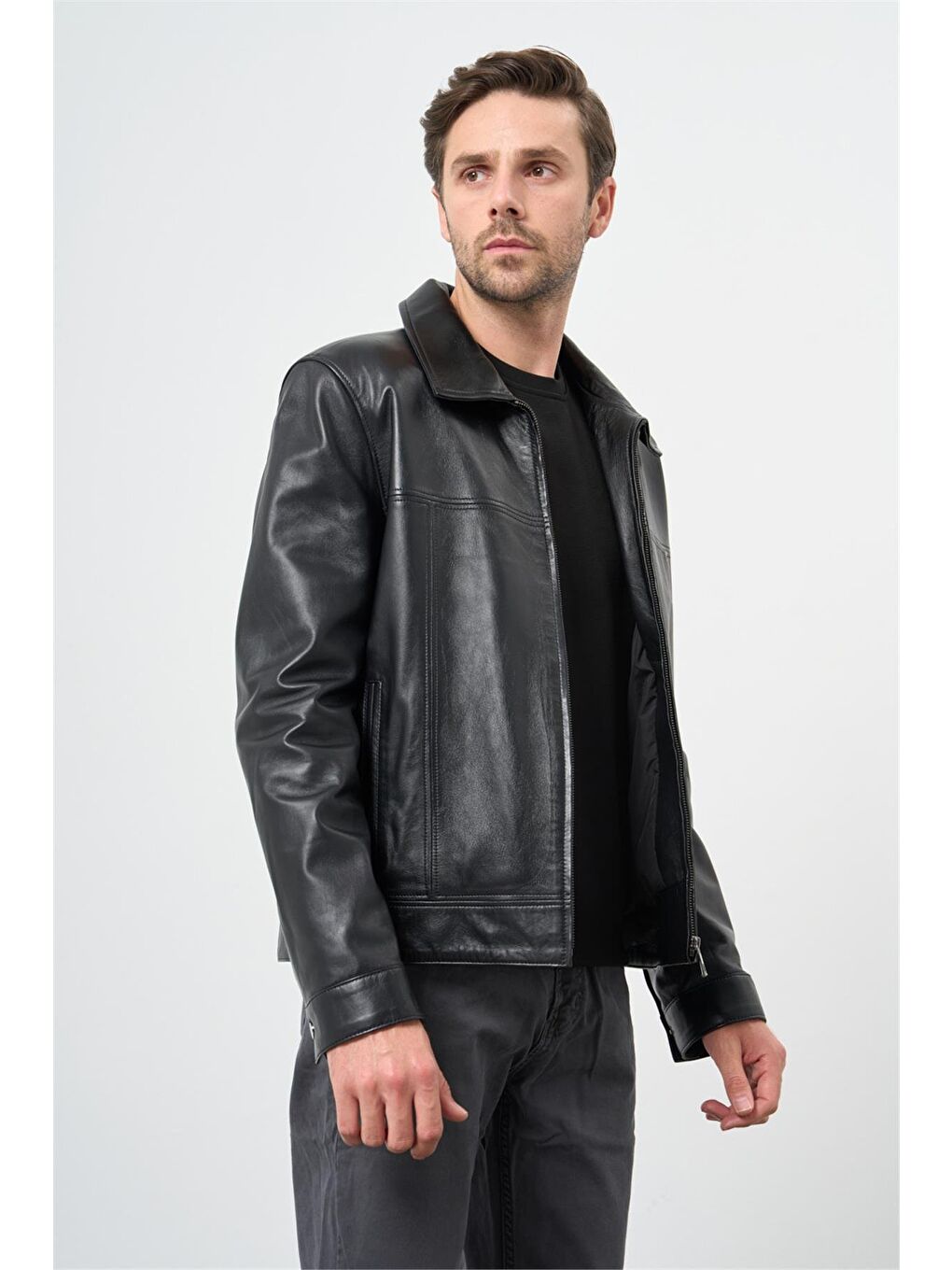 Siyah Hakiki Deri Polo Yaka Astarlı Slim Fit Dar Kesim Casual Deri Mont 1038235154-3