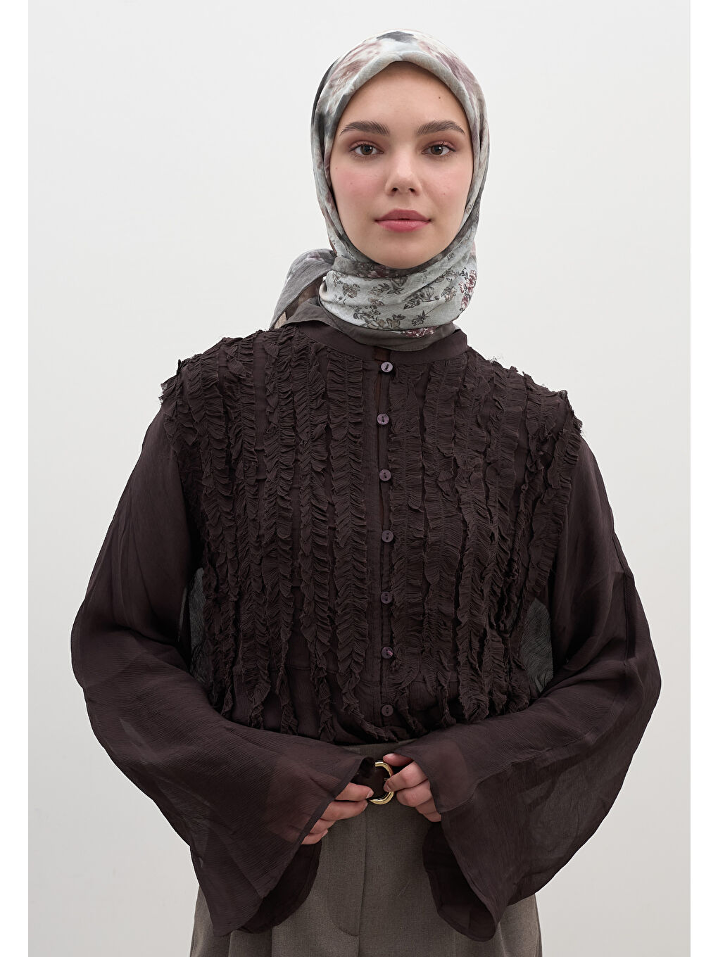 Gri Vıntage Rose Desen Pamuklu Viskon Eşarp Füme-1