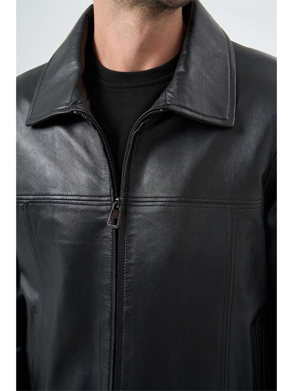 Siyah Hakiki Deri Polo Yaka Astarlı Slim Fit Dar Kesim Casual Deri Mont 1038235154-4