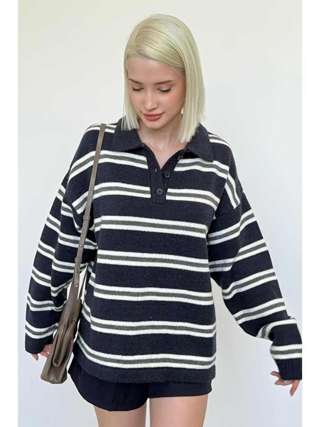 Lacivert Polo Yaka Çizgili Kadın Triko Kazak Mg2469-2