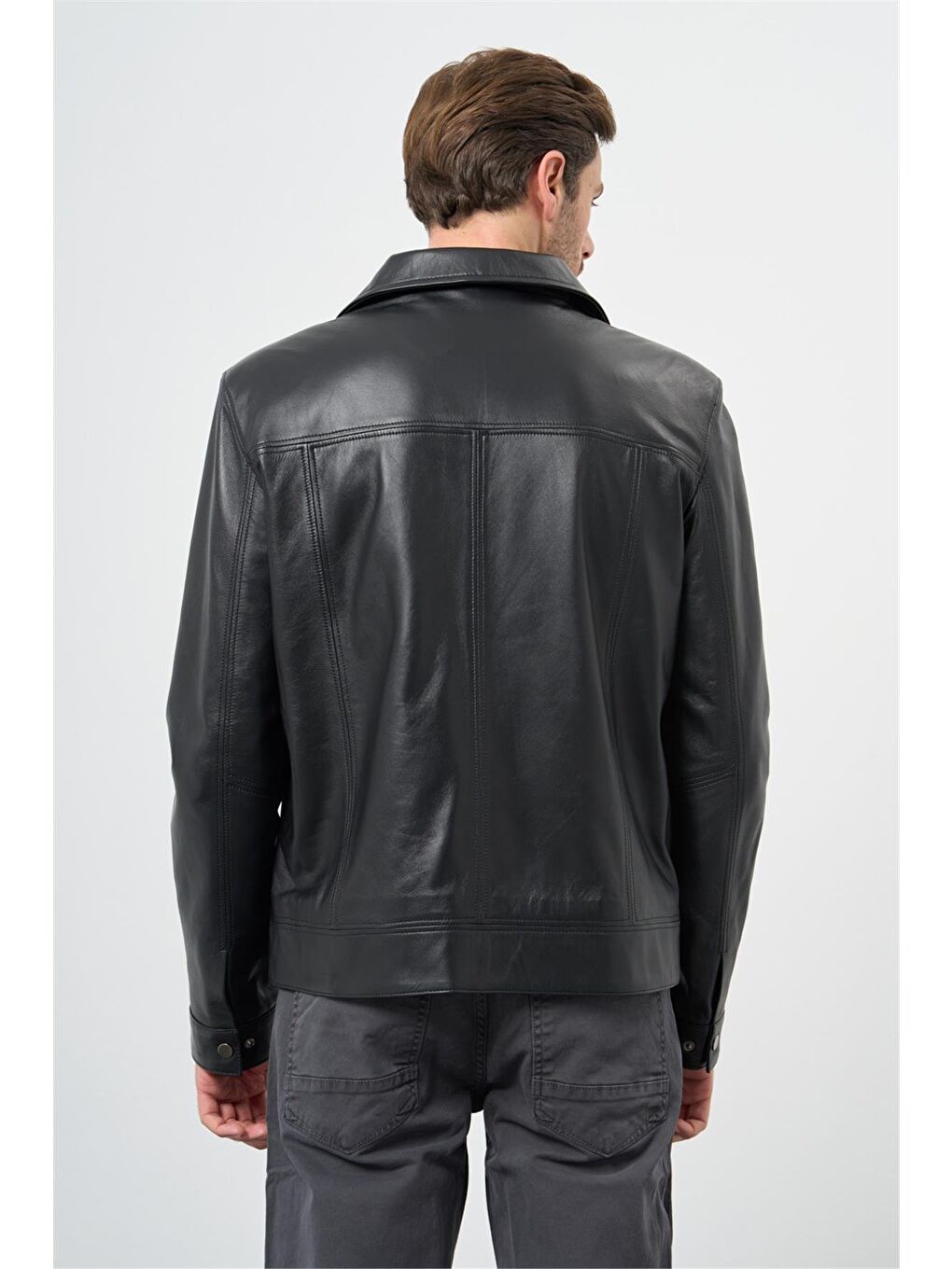 Siyah Hakiki Deri Polo Yaka Astarlı Slim Fit Dar Kesim Casual Deri Mont 1038235154-5