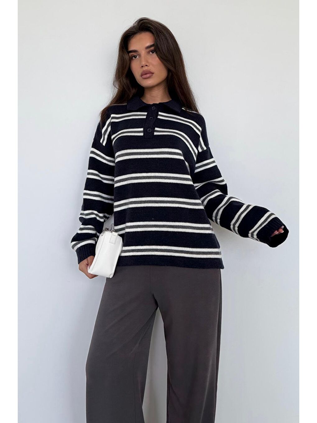 Lacivert Polo Yaka Çizgili Kadın Triko Kazak Mg2469-3