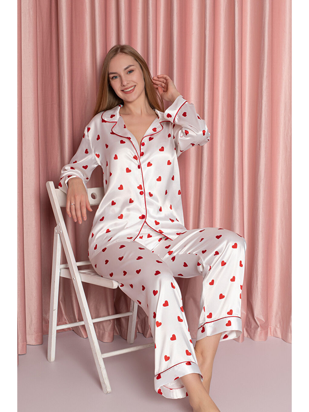 Ekru Krem Saten Pijama Takımı-3