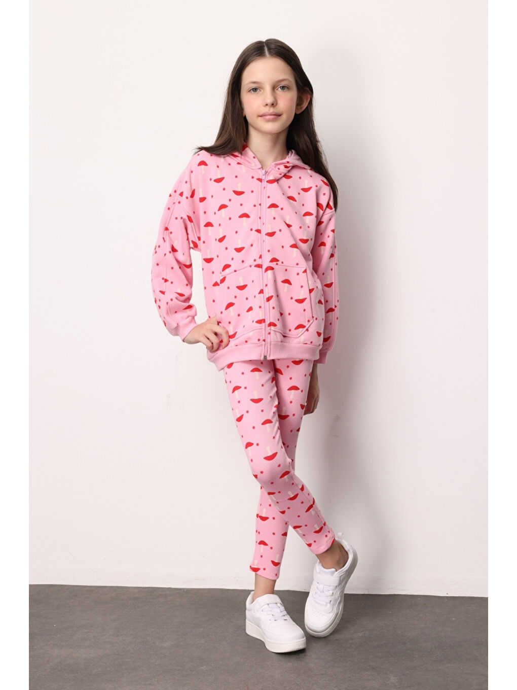 Pembe Desenli Kapüşonlu Kız Çocuk Eşofman Takımı - Nell