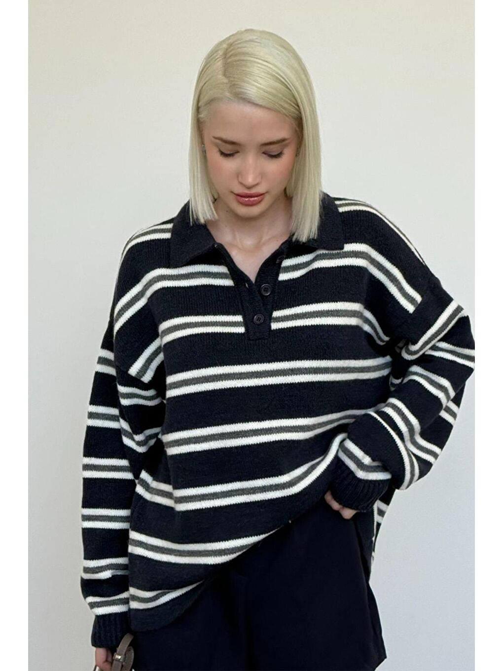 Lacivert Polo Yaka Çizgili Kadın Triko Kazak Mg2469-5