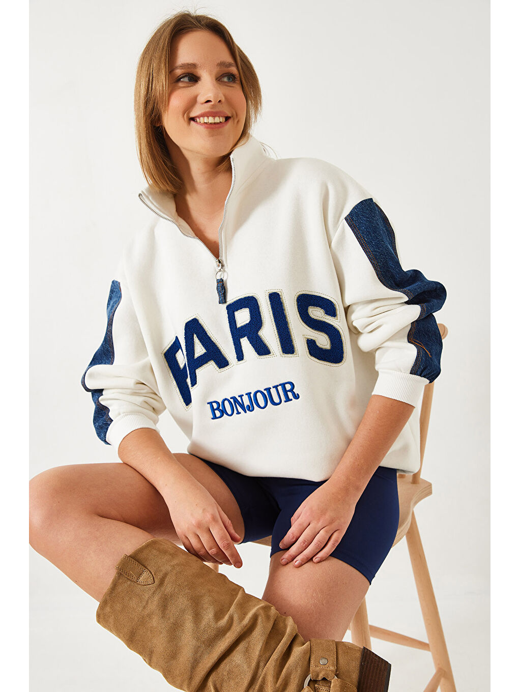 Beyaz Denim Detaylı Üç İplik Şardonlu Oversize Fermuarlı Sweatshirt-2