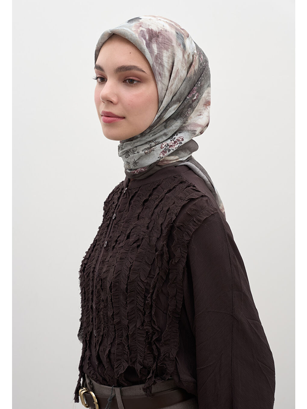 Gri Vıntage Rose Desen Pamuklu Viskon Eşarp Füme-3