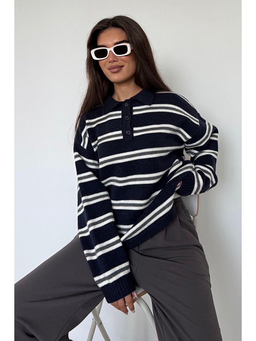 Lacivert Polo Yaka Çizgili Kadın Triko Kazak Mg2469-6