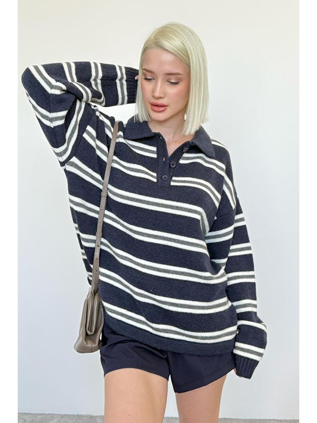 Lacivert Polo Yaka Çizgili Kadın Triko Kazak Mg2469-7