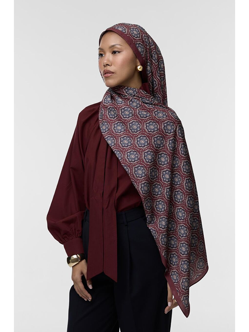 Bordo Daily Print Şal Ruby Desenli