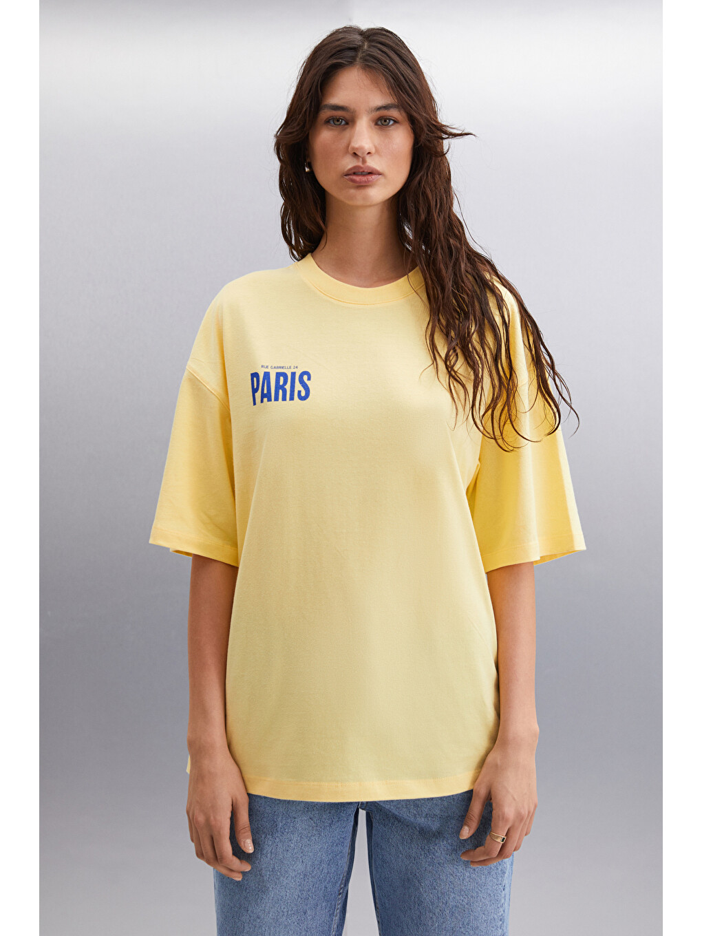 Gıllıan Kadın Ön Ve Arka Baskı Detaylı Oversize &100 Organik Pamuklu Sarı T-shirt-4