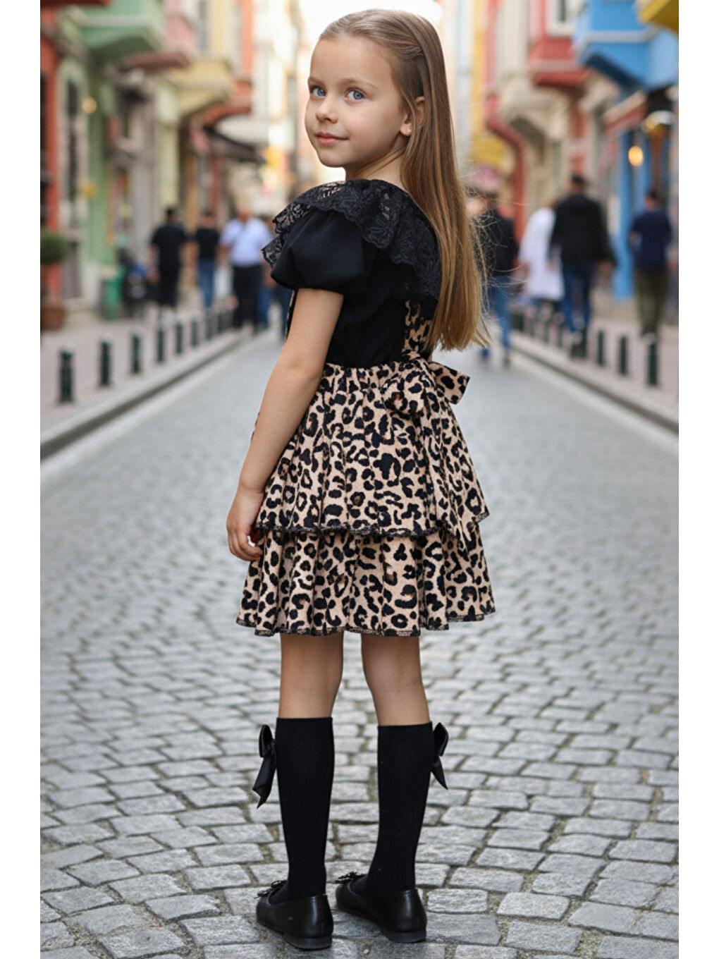 Karışık Kız Çocuk Helen Leopar Askılı Bağlama Jile 29 Ekim Elbise Siyah Dantel Kısa Kollu Bluz Abiye Takım-1