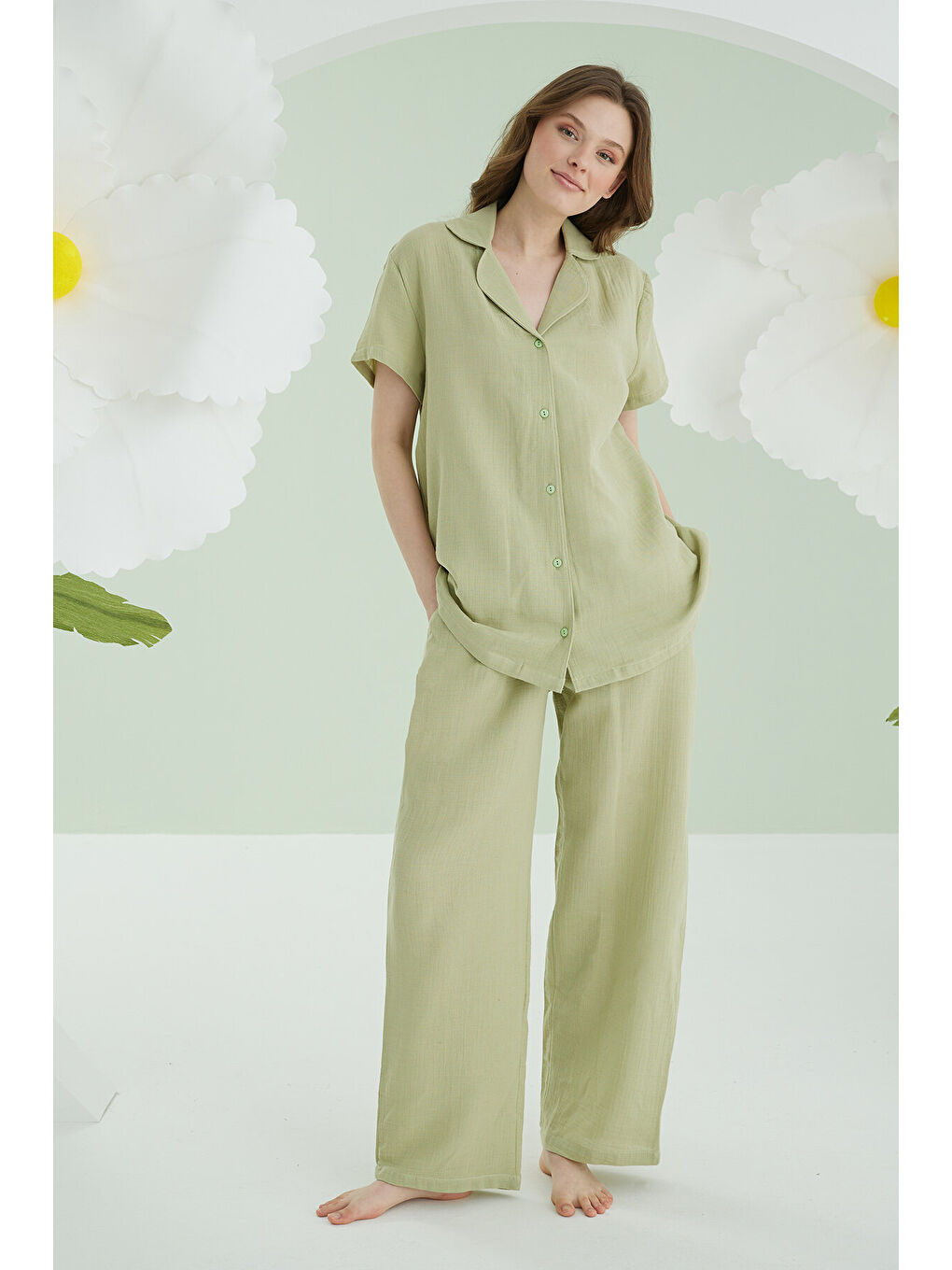 Yeşil Serena Önden Düğmeli Pijama Takım