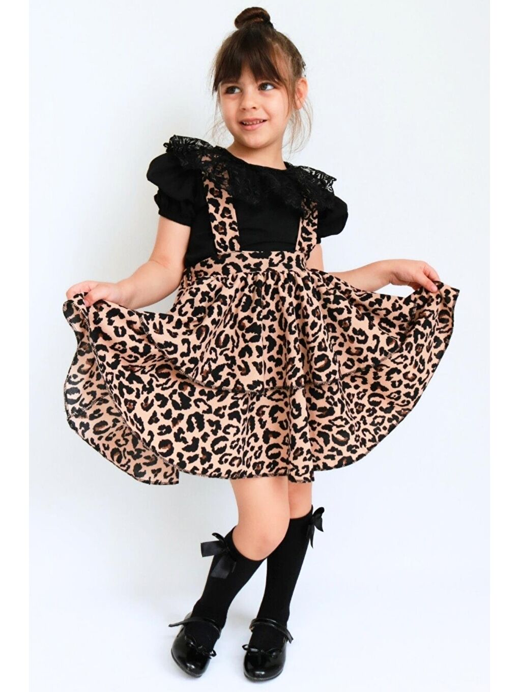 Karışık Kız Çocuk Helen Leopar Askılı Bağlama Jile 29 Ekim Elbise Siyah Dantel Kısa Kollu Bluz Abiye Takım-2