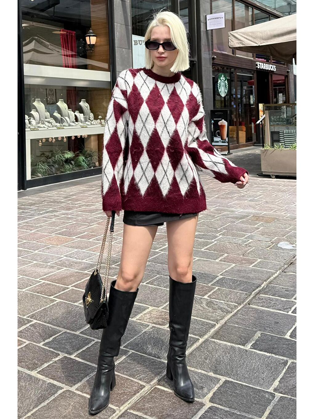 Bordo Bisiklet Yaka Şardonlu Baklava Desenli Kazak Mg2493-1