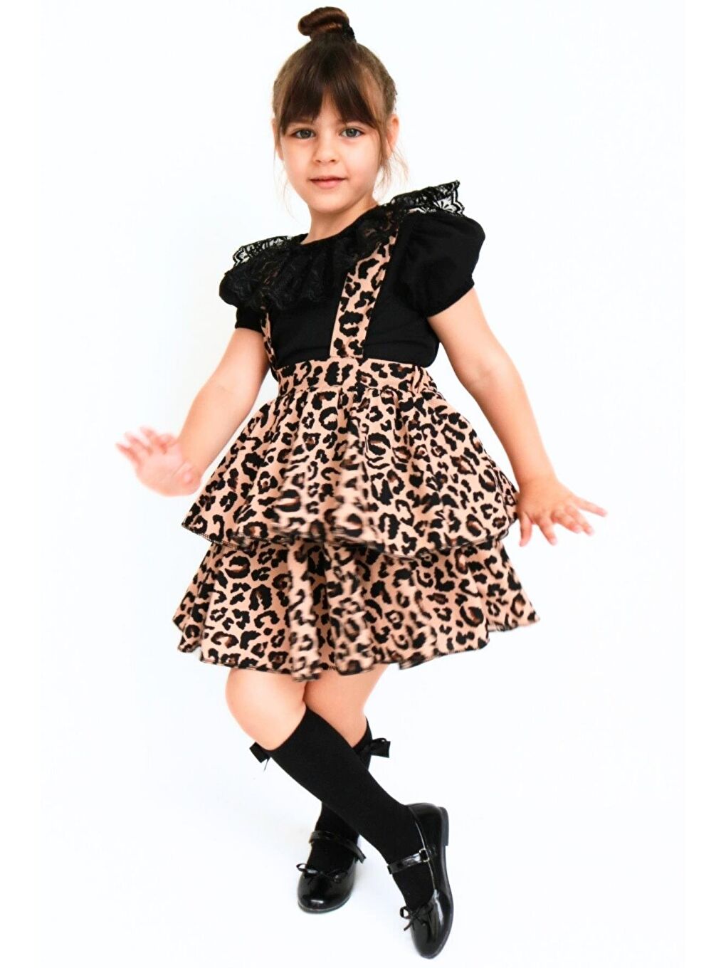 Karışık Kız Çocuk Helen Leopar Askılı Bağlama Jile 29 Ekim Elbise Siyah Dantel Kısa Kollu Bluz Abiye Takım-3