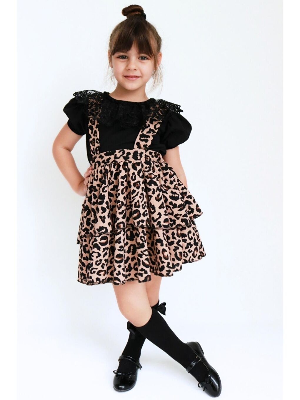 Karışık Kız Çocuk Helen Leopar Askılı Bağlama Jile 29 Ekim Elbise Siyah Dantel Kısa Kollu Bluz Abiye Takım-5