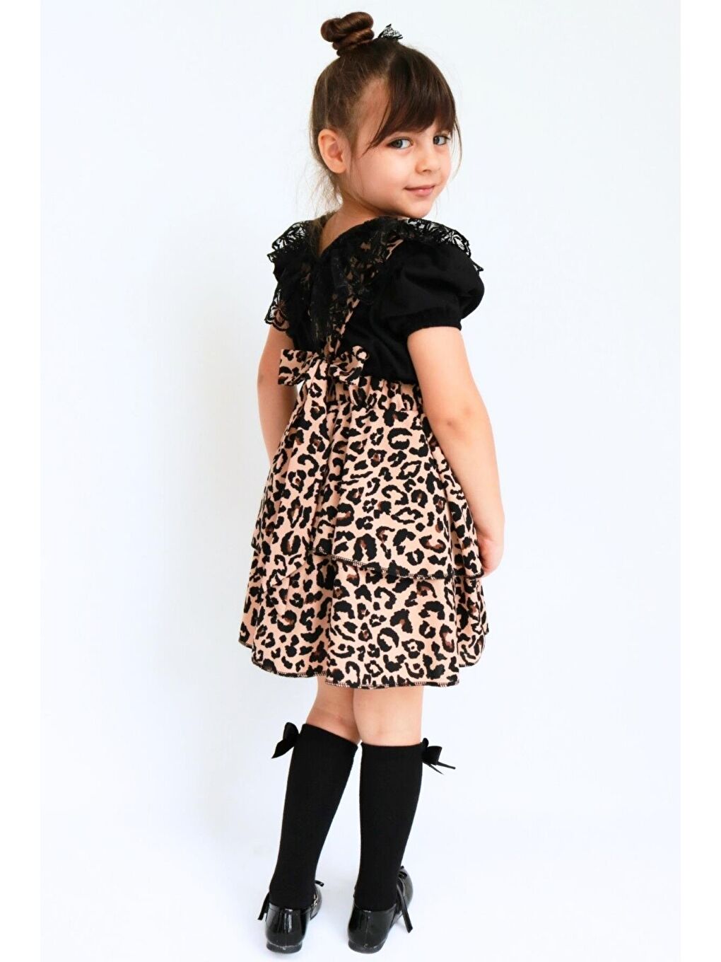 Karışık Kız Çocuk Helen Leopar Askılı Bağlama Jile 29 Ekim Elbise Siyah Dantel Kısa Kollu Bluz Abiye Takım-6