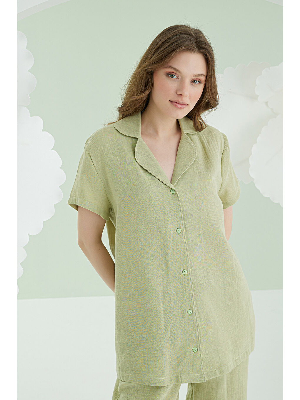 Yeşil Serena Önden Düğmeli Pijama Takım-1