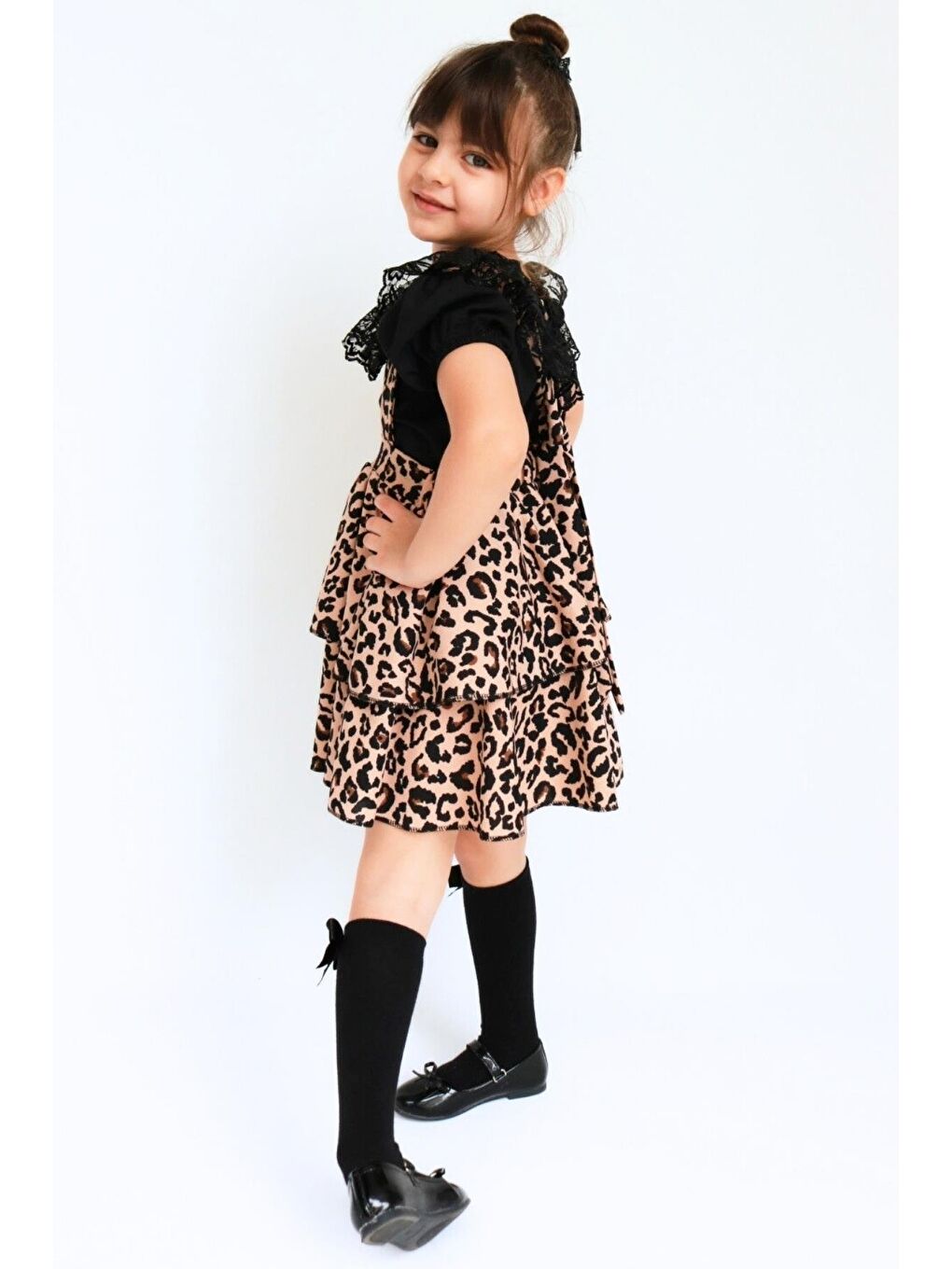 Karışık Kız Çocuk Helen Leopar Askılı Bağlama Jile 29 Ekim Elbise Siyah Dantel Kısa Kollu Bluz Abiye Takım-7