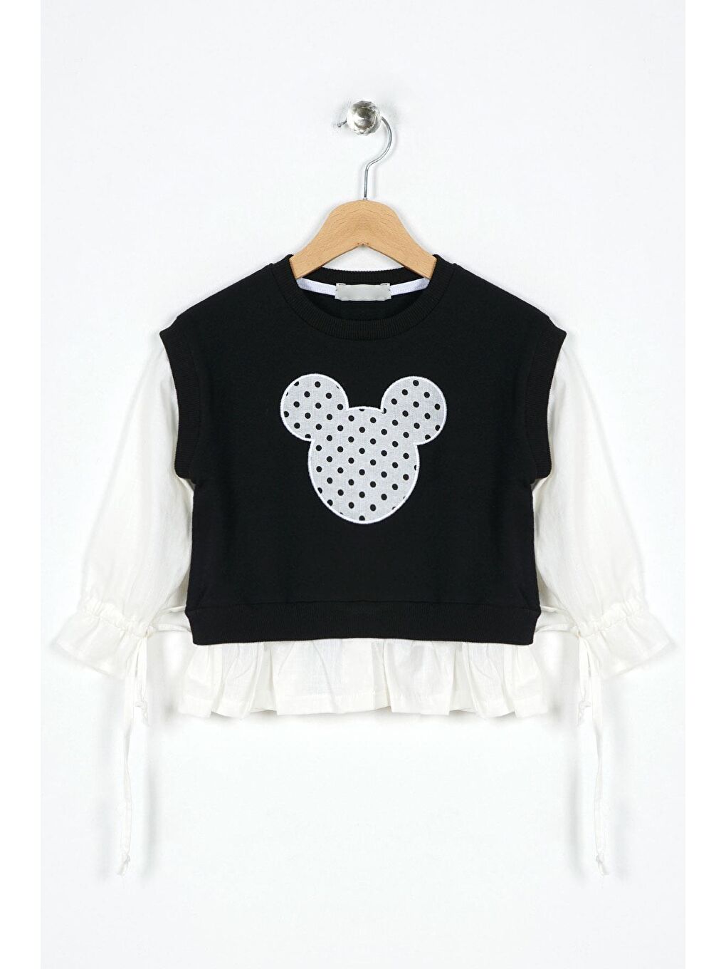 Bisiklet Yaka Nakışlı Keten Uzun Kol Siyah Renk Kız Çocuk Sweatshirt