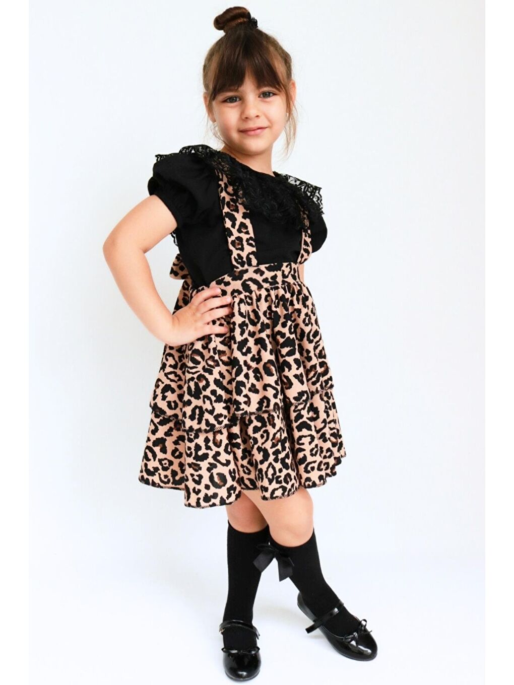 Karışık Kız Çocuk Helen Leopar Askılı Bağlama Jile 29 Ekim Elbise Siyah Dantel Kısa Kollu Bluz Abiye Takım-8