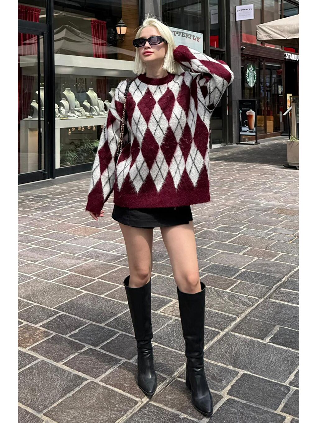 Bordo Bisiklet Yaka Şardonlu Baklava Desenli Kazak Mg2493-2