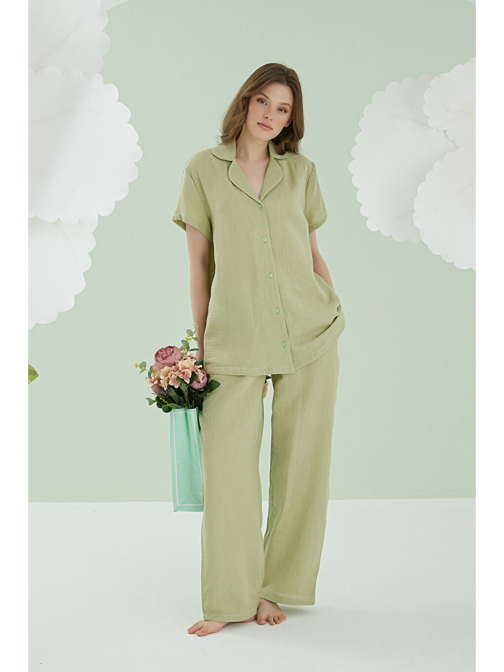 Yeşil Serena Önden Düğmeli Pijama Takım-2