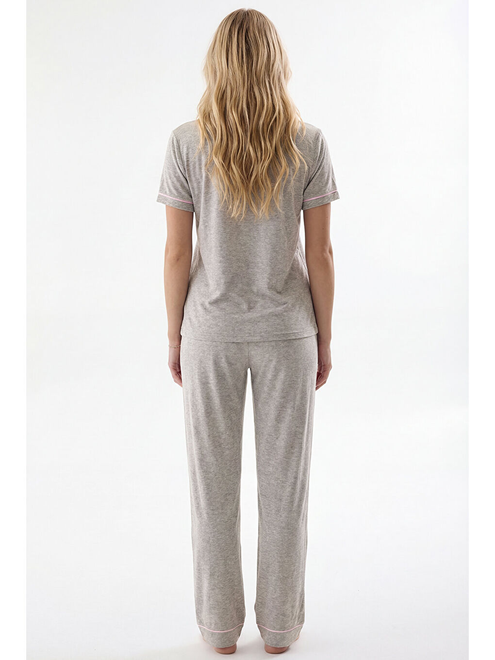 Gri Çizgi Detaylı Önden Düğmeli Pijama Takımı-2