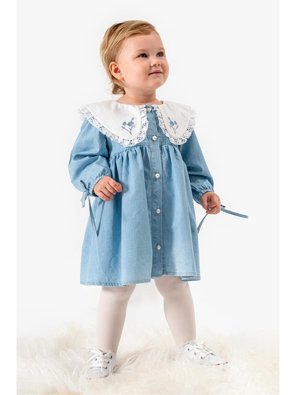 Mavi Çiçek Desenli Yakalı Kız Bebek Elbise - Addys