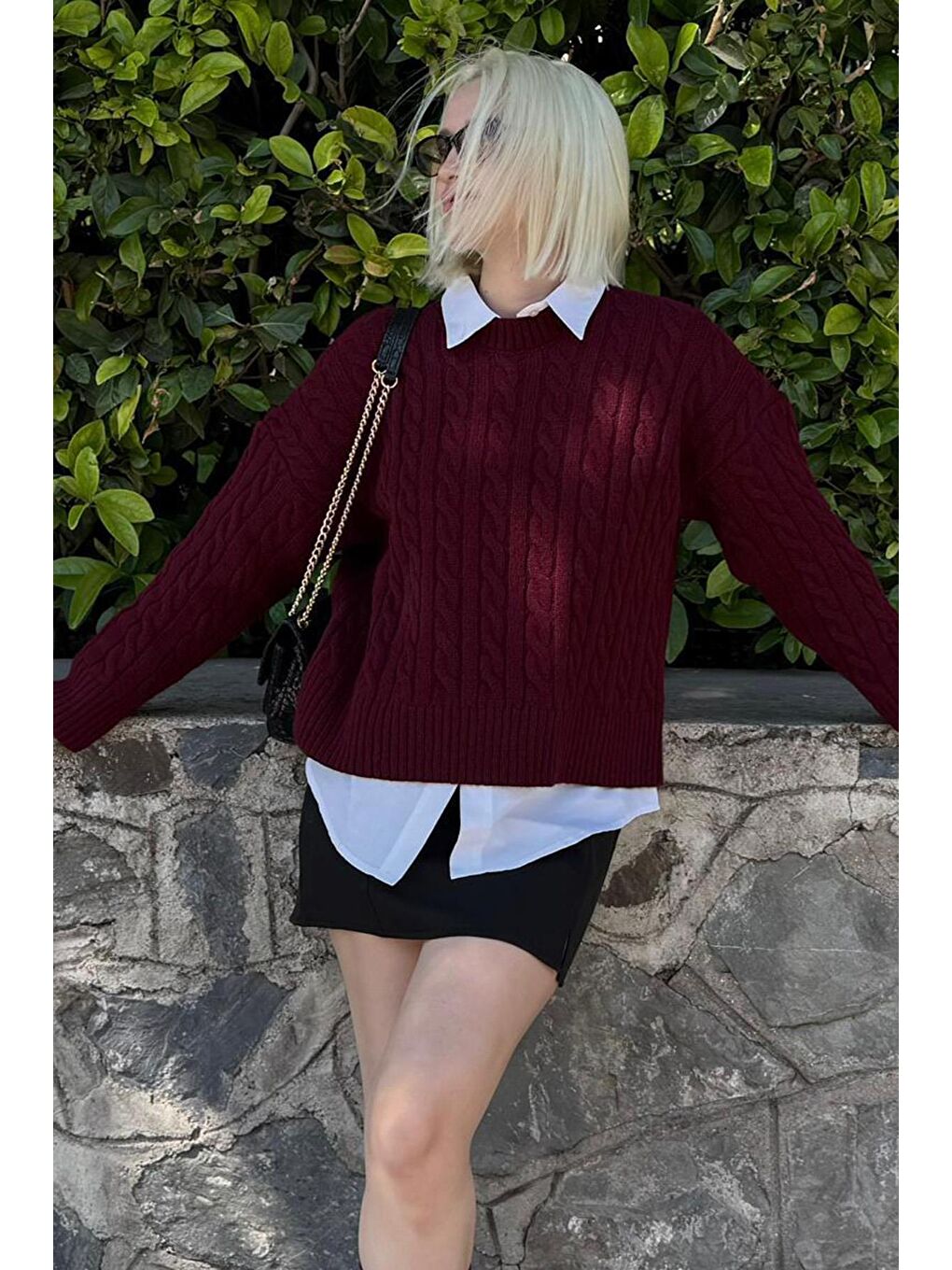 Bordo Bisiklet Yaka Örgü Desenli Kadın Triko Kazak Mg2520-1