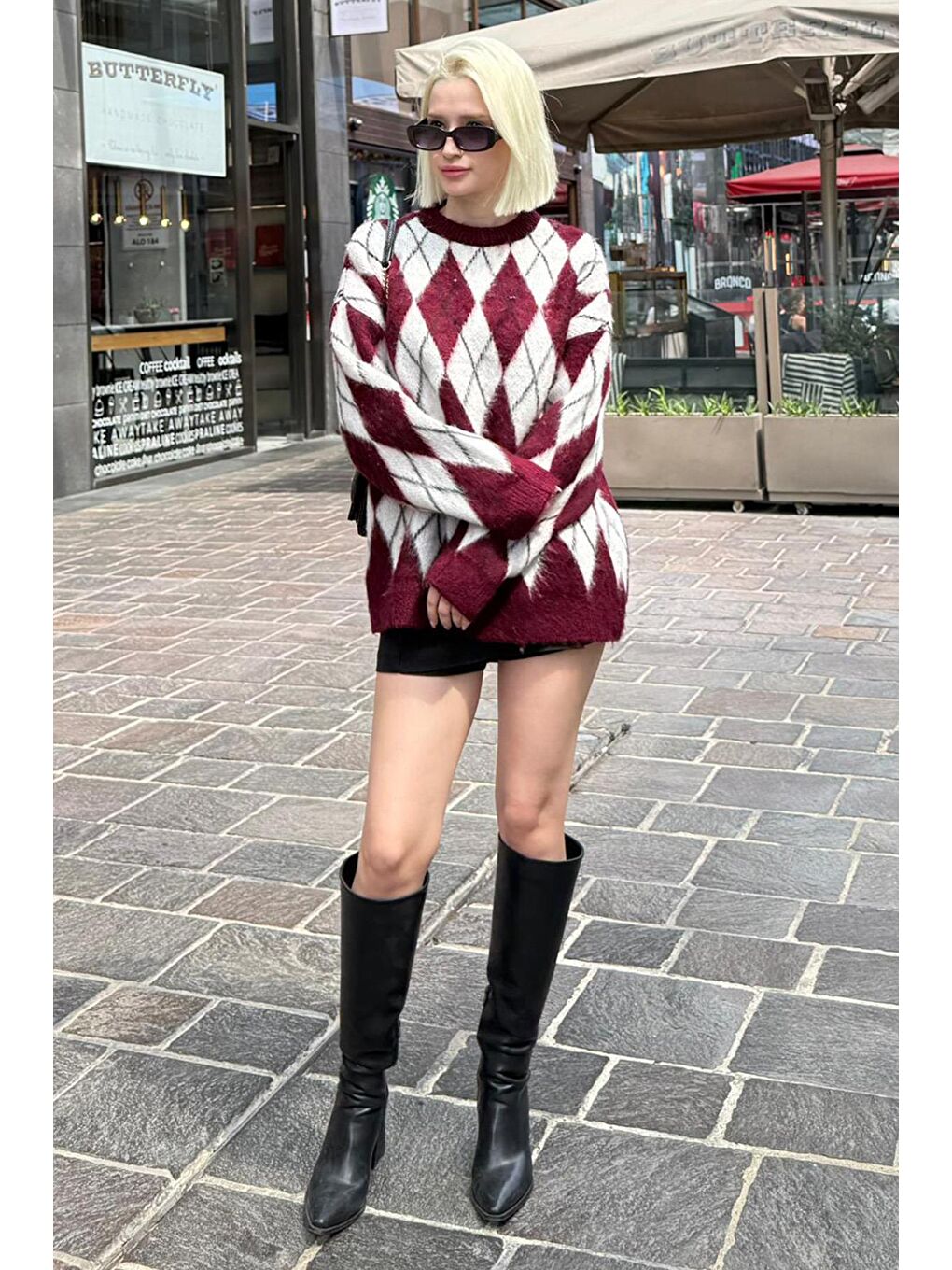 Bordo Bisiklet Yaka Şardonlu Baklava Desenli Kazak Mg2493-4