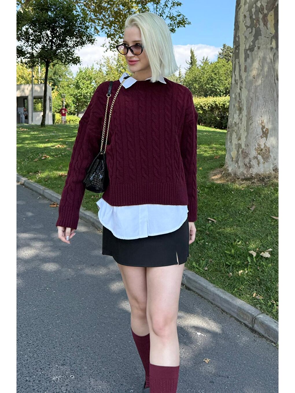 Bordo Bisiklet Yaka Örgü Desenli Kadın Triko Kazak Mg2520-2