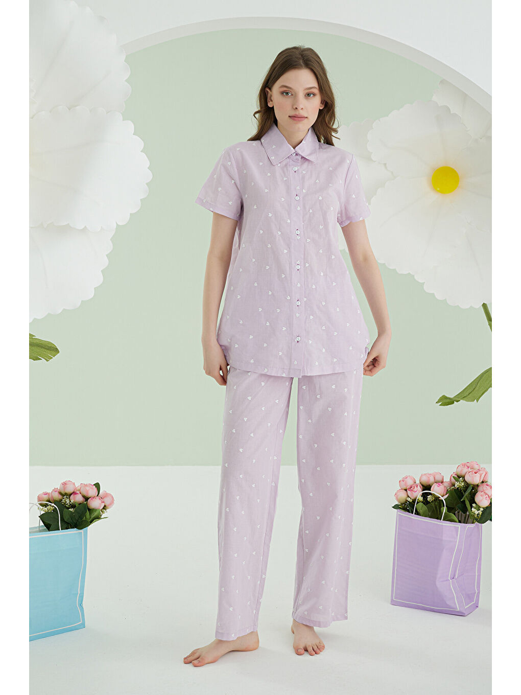 Lila Kalpli Önden Düğmeli Pijama Takım