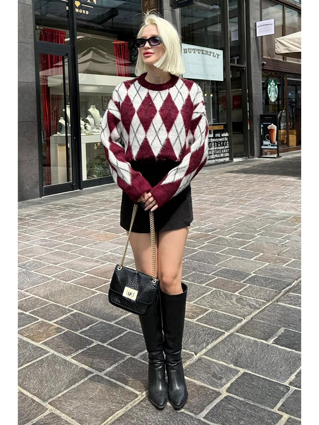 Bordo Bisiklet Yaka Şardonlu Baklava Desenli Kazak Mg2493-5