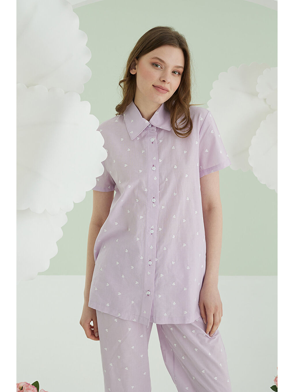 Lila Kalpli Önden Düğmeli Pijama Takım-1