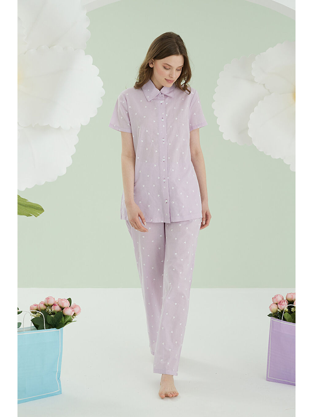 Lila Kalpli Önden Düğmeli Pijama Takım-2