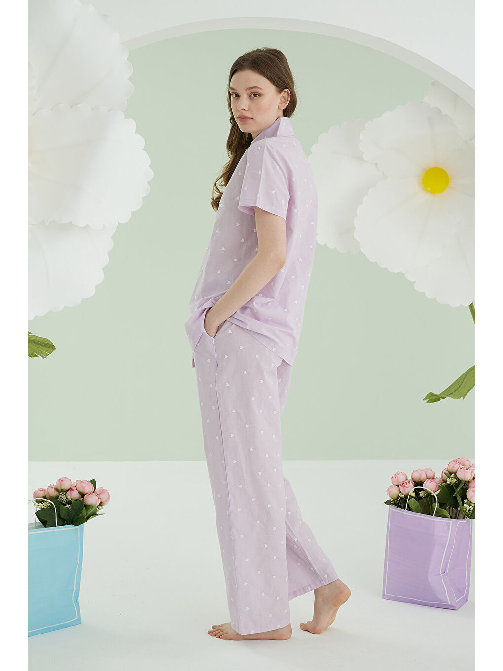 Lila Kalpli Önden Düğmeli Pijama Takım-3