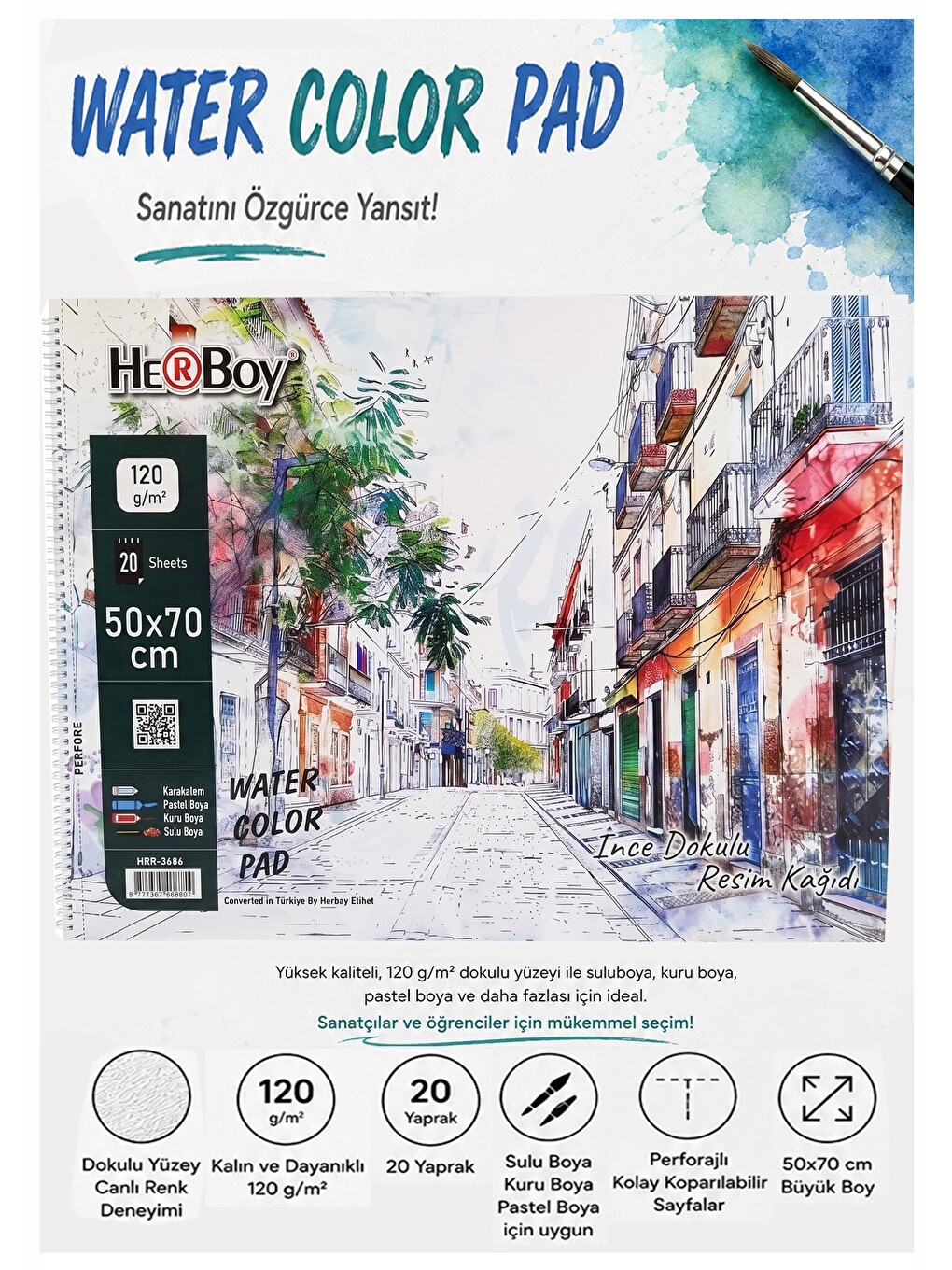 Resim Defteri 50x70 Cm 1 Adet Herboy 120 Gr Sulu Boya Eskiz Defteri Karakalem Çizim 20 Sayfa Dokulu