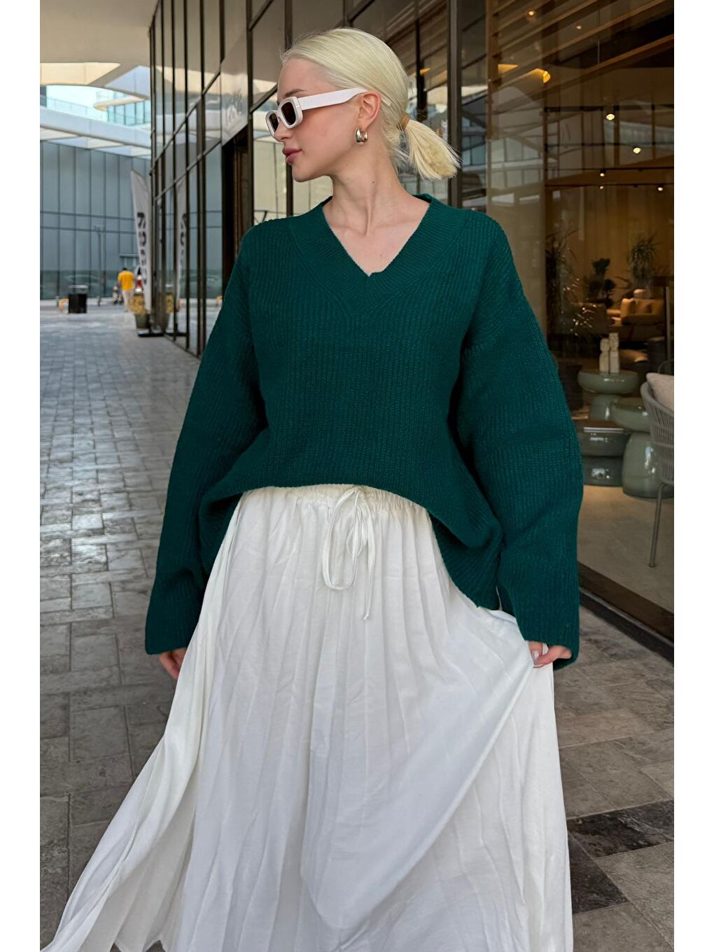 Petrol Yeşili V Yaka Triko Kadın Kazak Mg2501