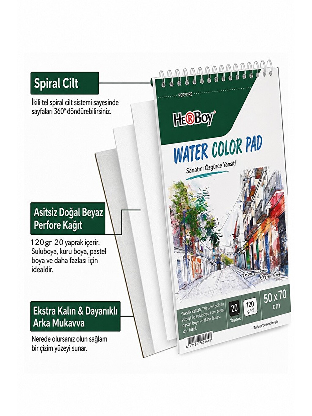 Resim Defteri 50x70 Cm 1 Adet Herboy 120 Gr Sulu Boya Eskiz Defteri Karakalem Çizim 20 Sayfa Dokulu-1