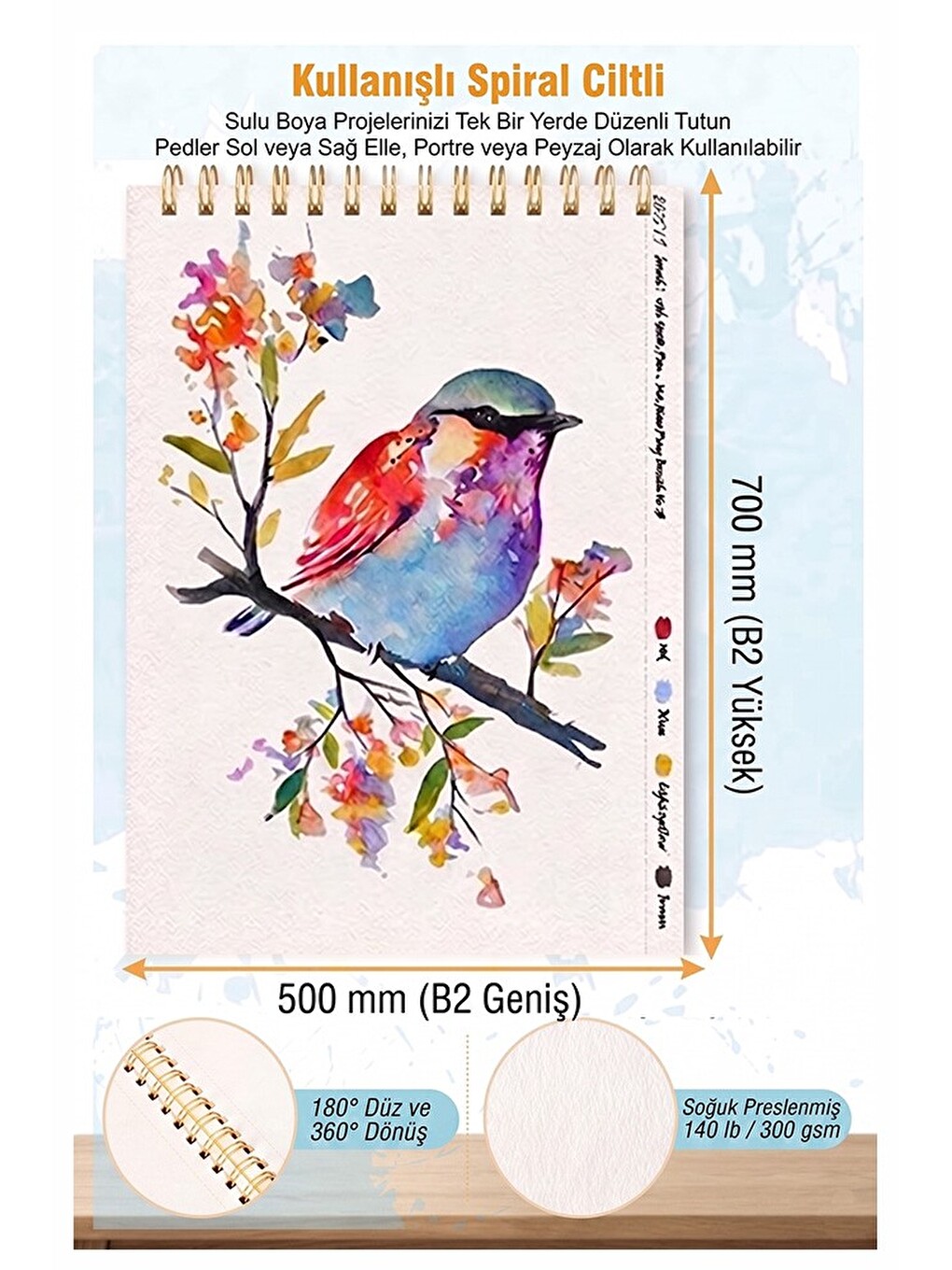 Resim Defteri 50x70 Cm 1 Adet Herboy 120 Gr Sulu Boya Eskiz Defteri Karakalem Çizim 20 Sayfa Dokulu-2